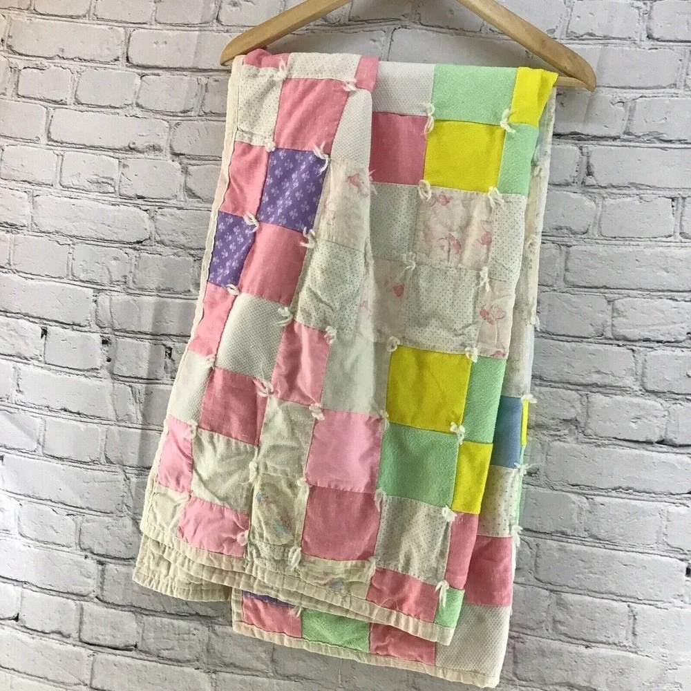 Vintage Baby Blanket Quilt‎ Throw Pink Bunnies Kittens 51